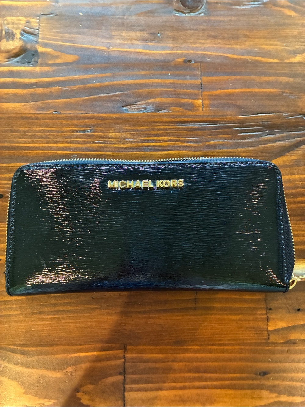 Michael Kors Black Patent Zip Wallet with Gold Logo Accent